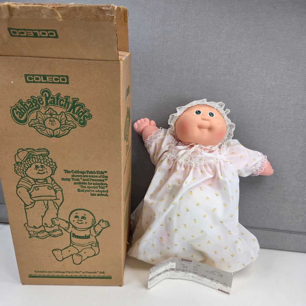 1984 Coleco Cabbage Patch Kids 14" Preemie Girl Doll Box Receipt Hong Kong